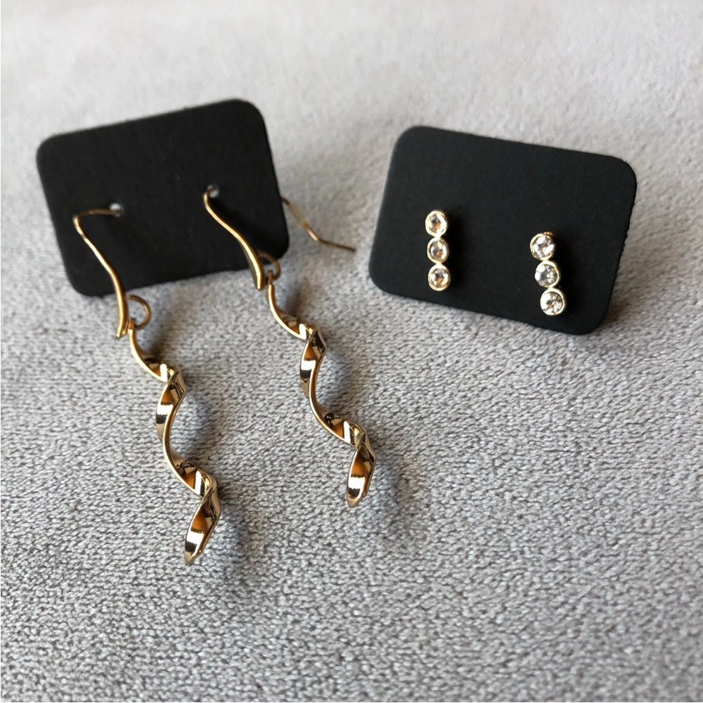 Set of 2 ~ Gold Tone Earrings ~ Twisted Dangle & Rhinestone Drop ~ Brand New!